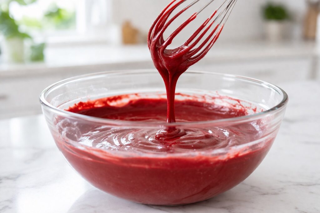 red velvet cake batter consistency smooth red velvet cake batter showing ribbon consistency in glass bowl