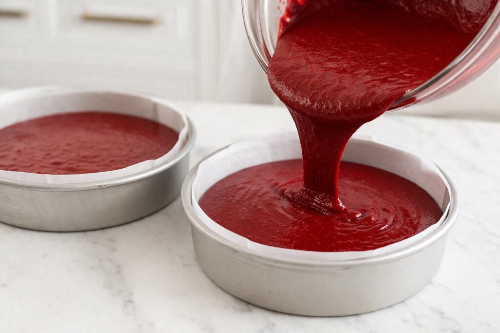 pouring red velvet cake batter red velvet cake batter being poured evenly into round cake pans