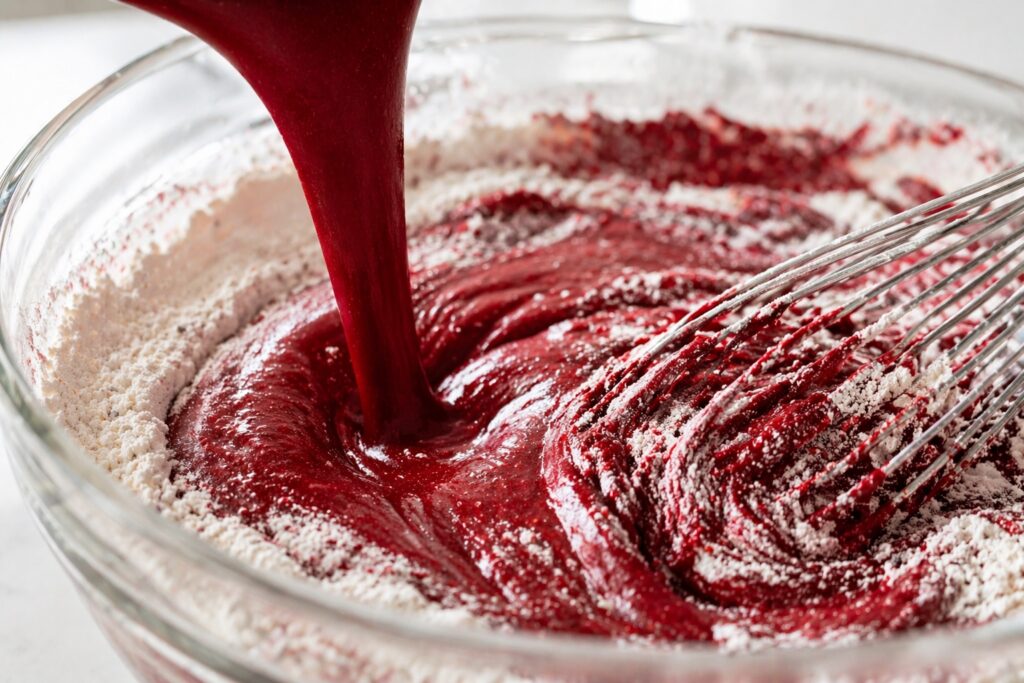 mixing red velvet cake batter red velvet cake batter being mixed with visible flour and red batter swirls