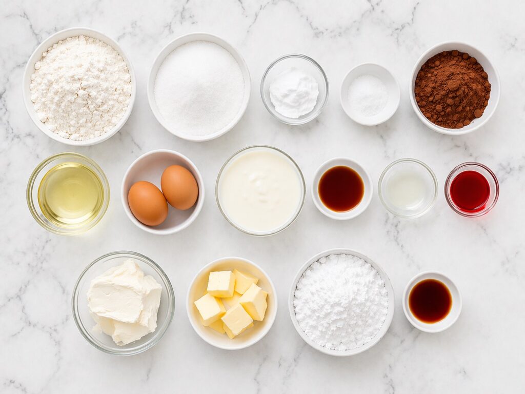 red velvet cake ingredients flat lay red velvet cake ingredients measured and ready for baking