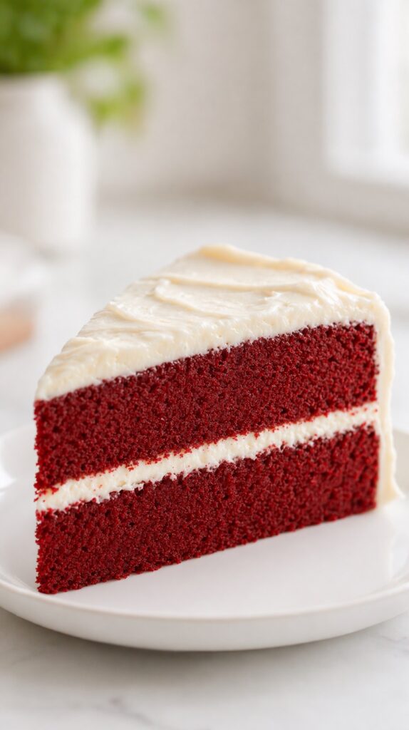 clean slice of red velvet cake showing soft moist crumb and cream cheese frosting