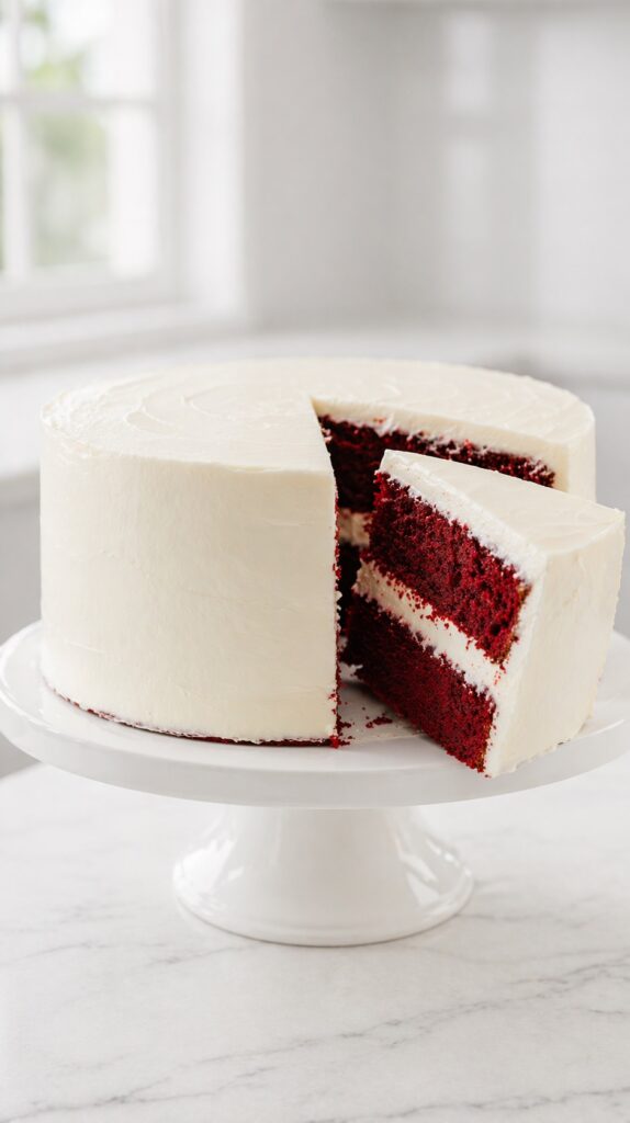 Red Velvet Cake with Cream Cheese Frosting A classic red velvet cake with soft, velvety layers and smooth cream cheese frosting.