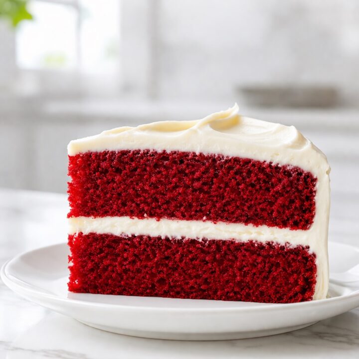 slice of red velvet cake with cream cheese frosting on white plate