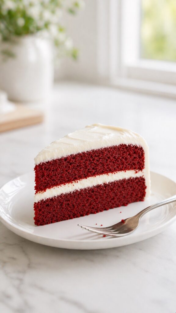 A clean, bakery-style slice of red velvet cake slice of red velvet cake with cream cheese frosting on a plate soft moist crumb