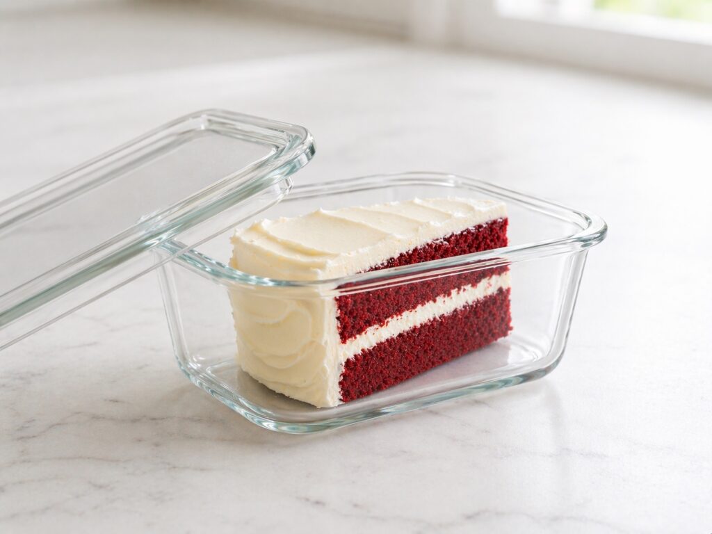 How to store red velvet cake slice of red velvet cake stored in glass container with lid