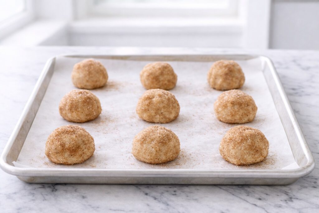 Snickerdoodle cookie dough balls on baking sheet before baking