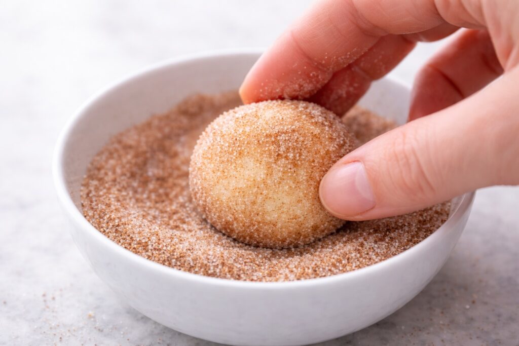 Snickerdoodle dough ball rolling in cinnamon sugar coating