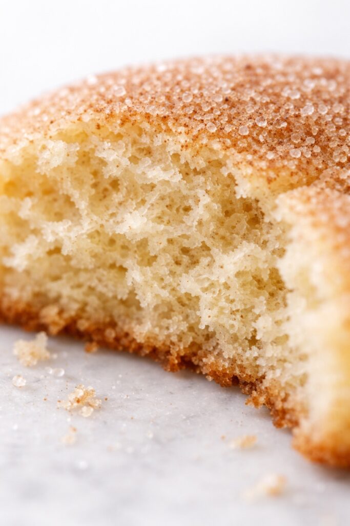 Snickerdoodle cookie close-up with crackled cinnamon sugar top and soft chewy texture