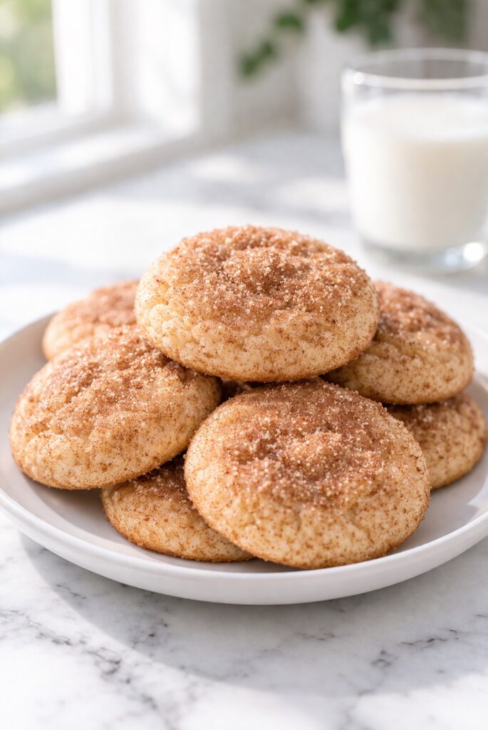 Snickerdoodle cookies soft and chewy with cinnamon sugar coating and crackled tops