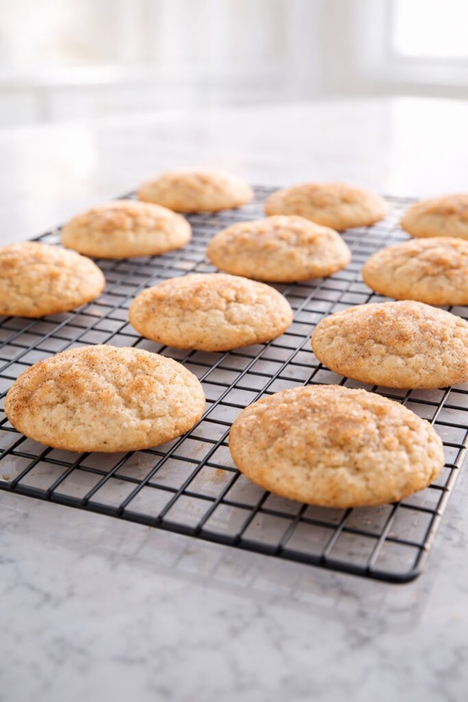 Snickerdoodle cookies cooling on rack with soft centers and crackled tops