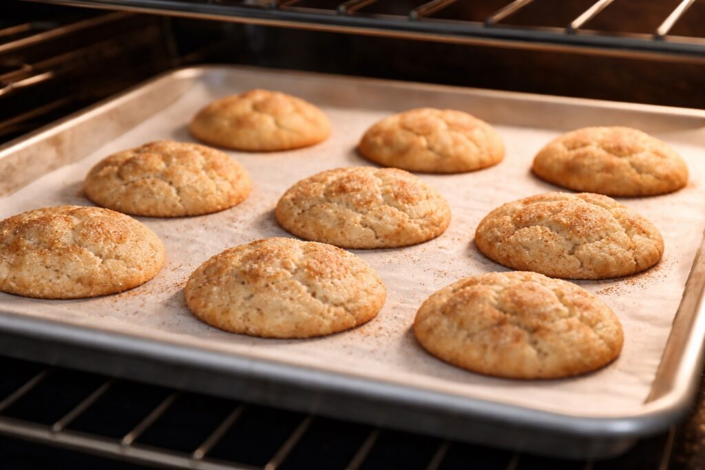 Snickerdoodle cookies baking in oven with soft centers and crackled tops forming