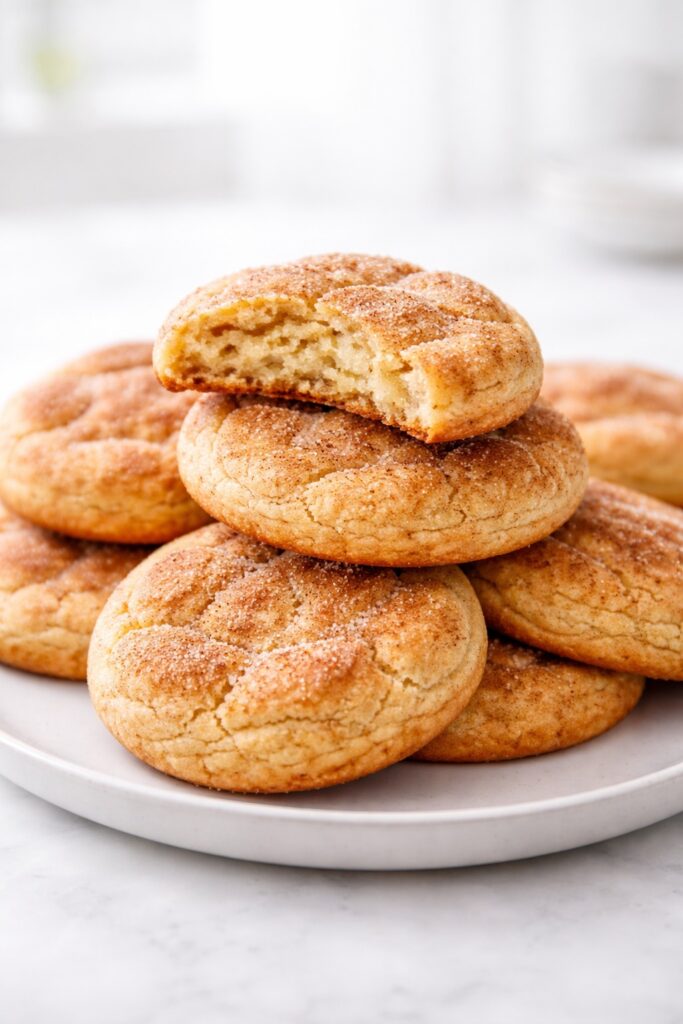 Snickerdoodle cookies soft and chewy with cinnamon sugar coating and crackled tops