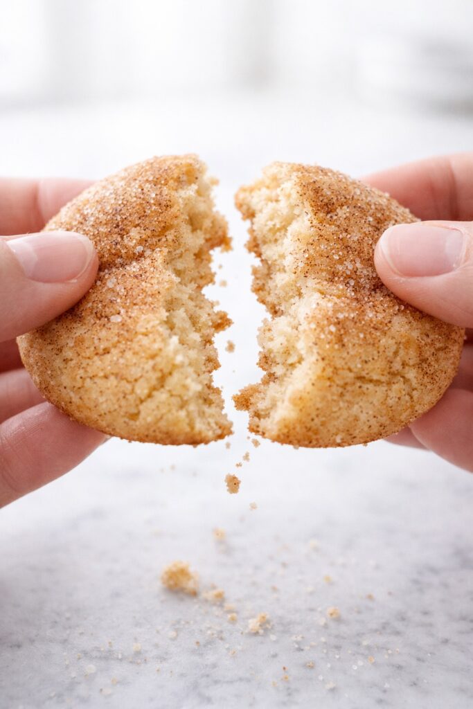 Snickerdoodle cookie broken open showing soft chewy interior texture