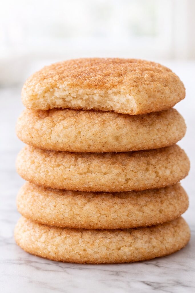 Snickerdoodle cookies stacked showing thick soft texture and tender interior