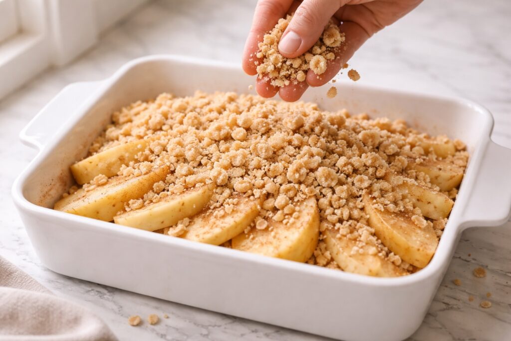 Hand sprinkling raw oat crumble topping over sliced apples in a baking dish before baking apple crisp