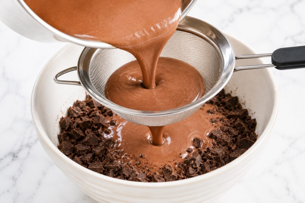 Straining custard over chopped chocolate