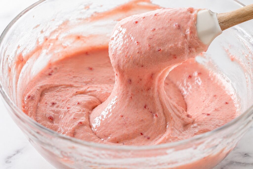 Strawberry Cake Batter Texture strawberry cake batter close-up showing thick smooth pink texture