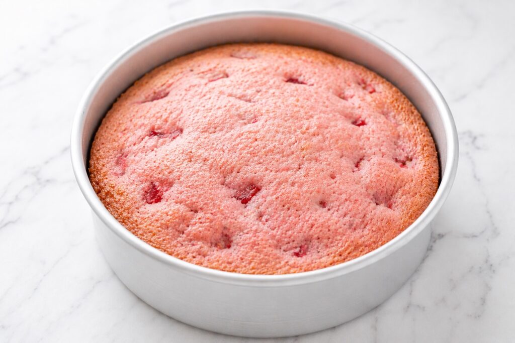 How to Tell When Strawberry Cake Is Perfectly Baked strawberry cake baked in pan showing golden edges and set center not glossy