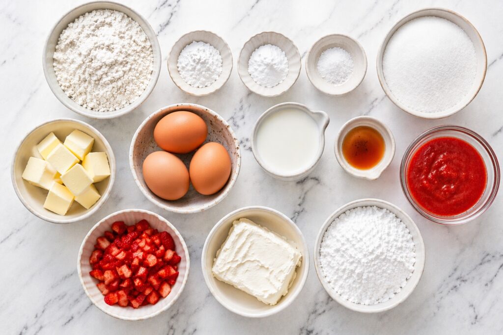 Strawberry Cake Ingredients Flat Lay ingredients for strawberry cake including flour sugar eggs butter strawberry puree and cream cheese