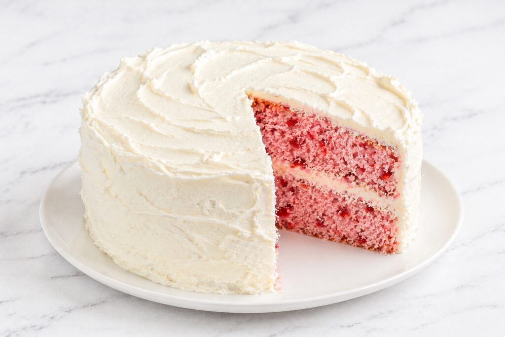 strawberry cake recipe finished layered cake with frosting and strawberries