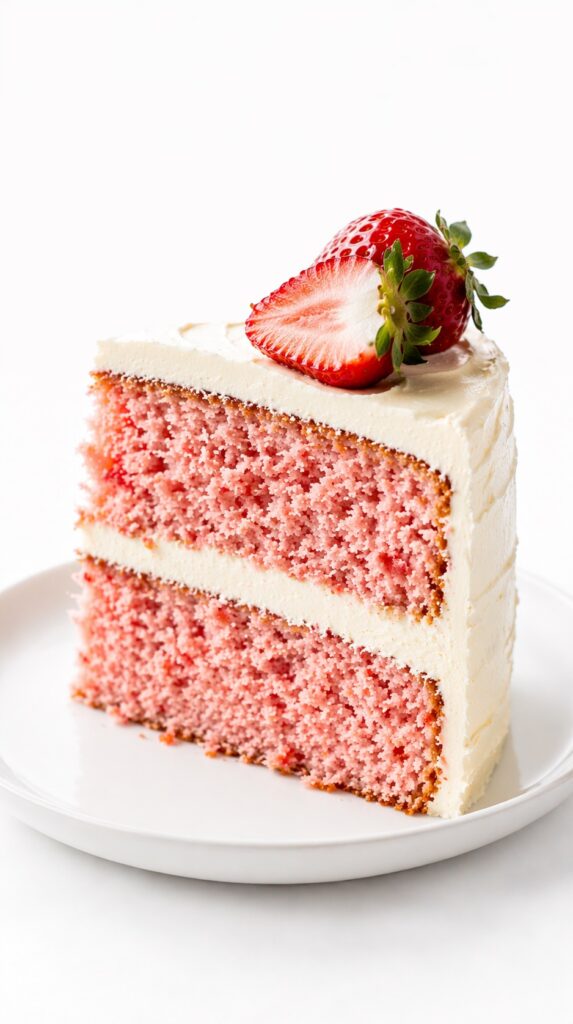 Strawberry Cake Slice Close-Up close-up strawberry cake slice showing soft pink layers and creamy frosting