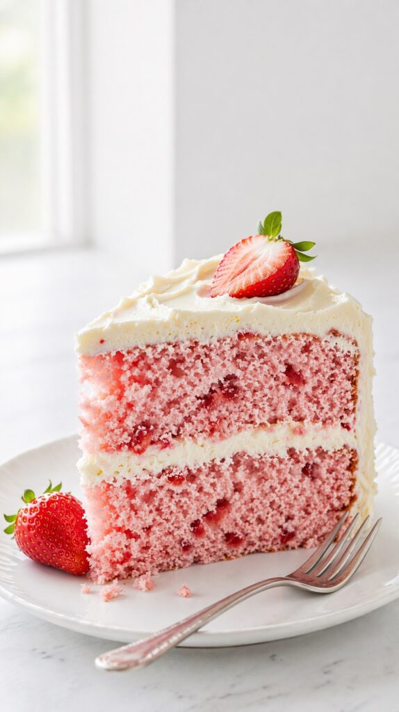 Strawberry Cake Slice Served slice of strawberry cake served on plate with soft layers and creamy frosting