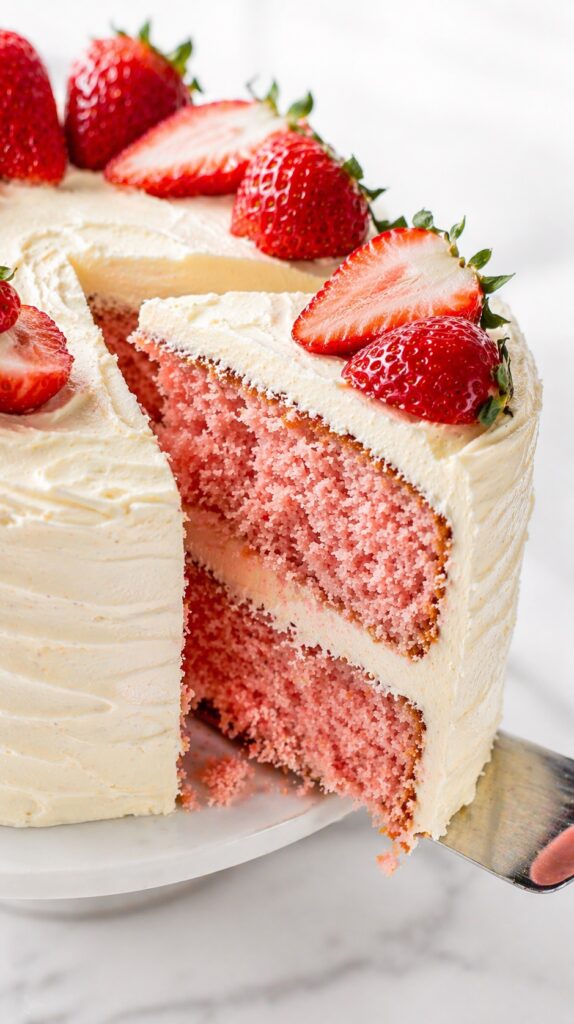 Cutting Strawberry Layer Cake cutting strawberry layer cake showing soft moist crumb and frosting layers