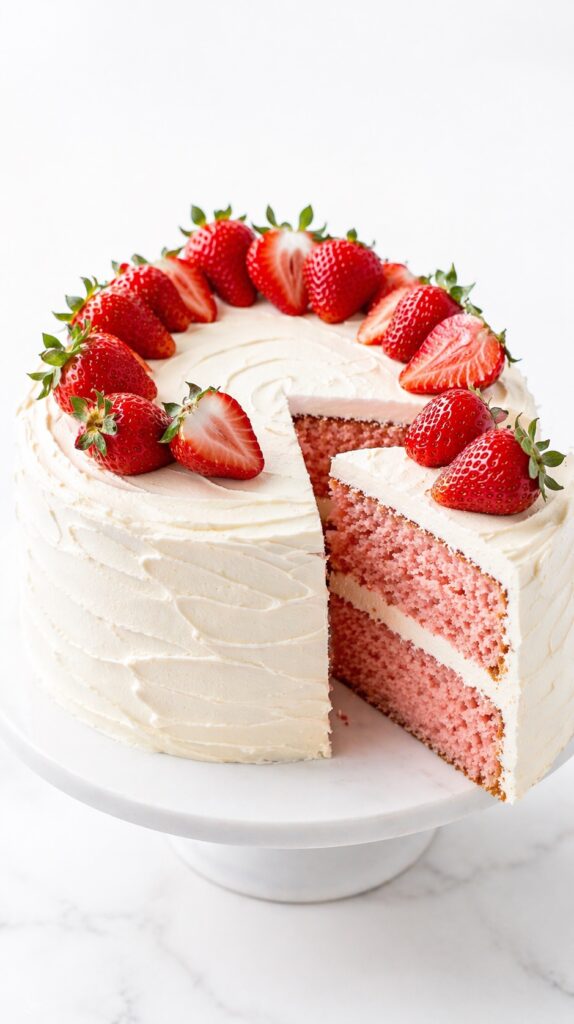 Strawberry Layer Cake with Cream Cheese Frosting strawberry layer cake with cream cheese frosting and fresh strawberries on top, soft pink moist layers