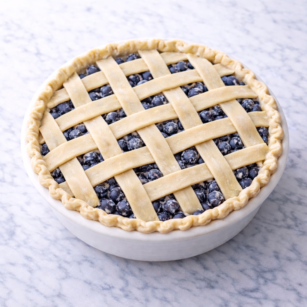 unbaked blueberry pie with lattice crust in a pie dish