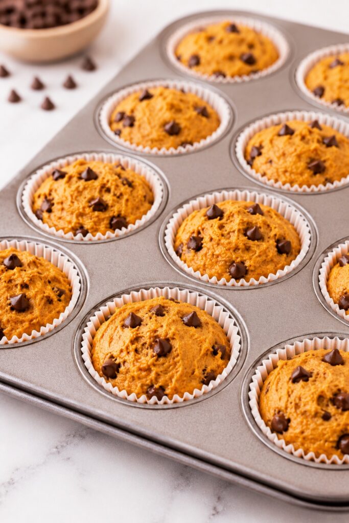Pumpkin Chocolate Chip Muffins Batter In Muffin Liners