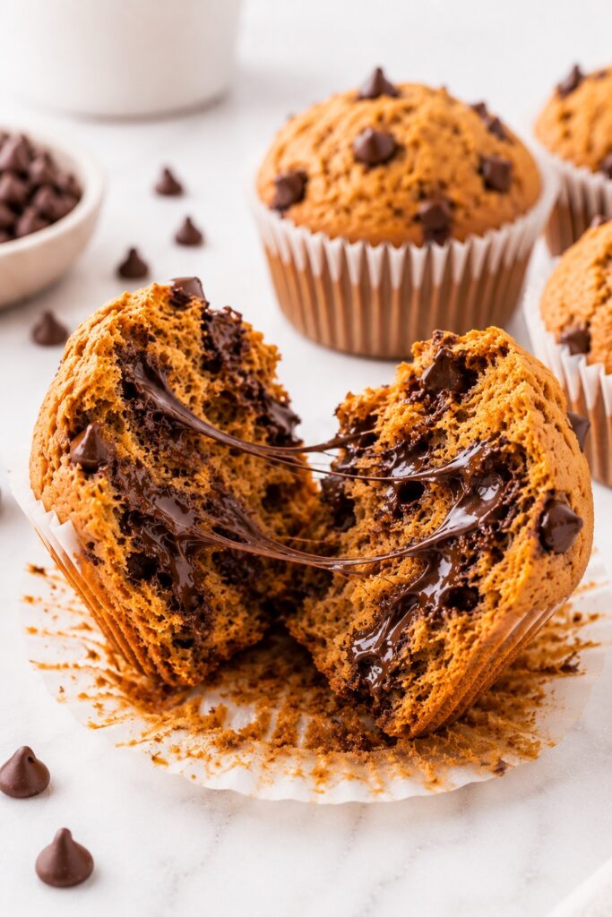Pumpkin Chocolate Chip Muffin Pulled Apart