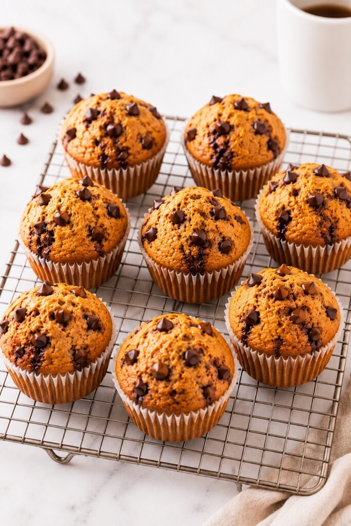 Pumpkin Chocolate Chip Muffins Cooling On Rack