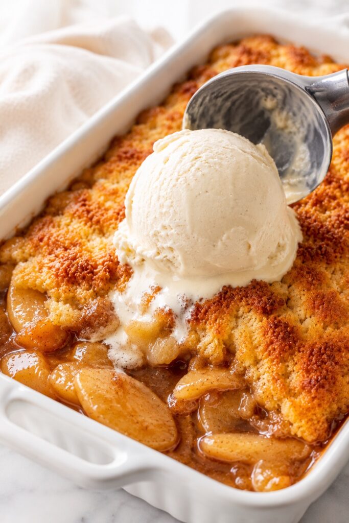 Adding Ice Cream On Apple Dump Cake
