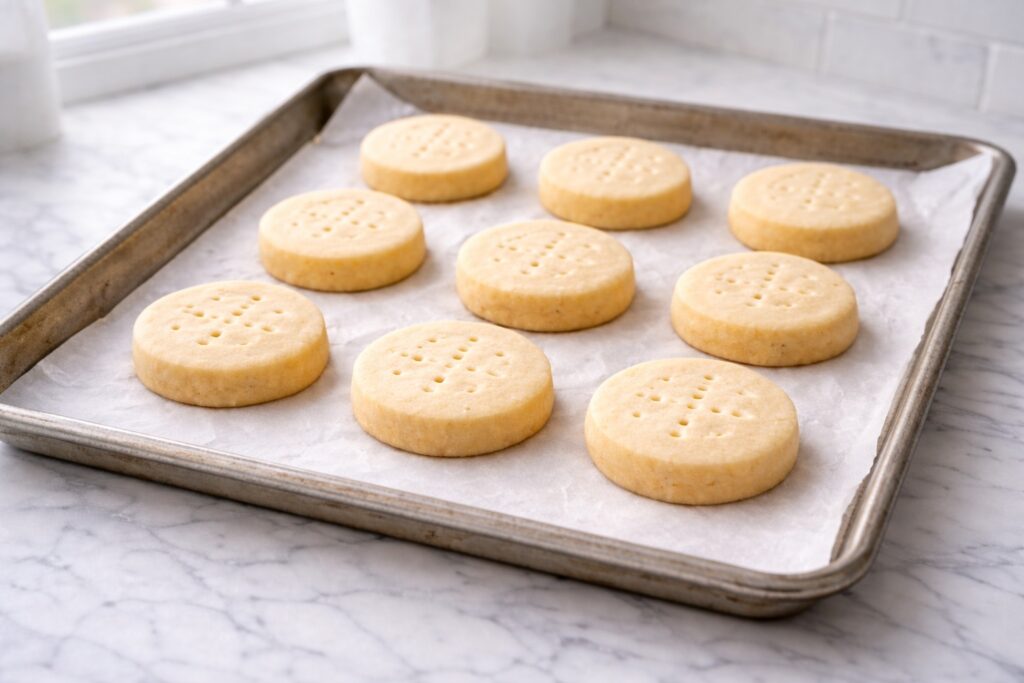 freshly baked shortbread cookies cooling on baking tray