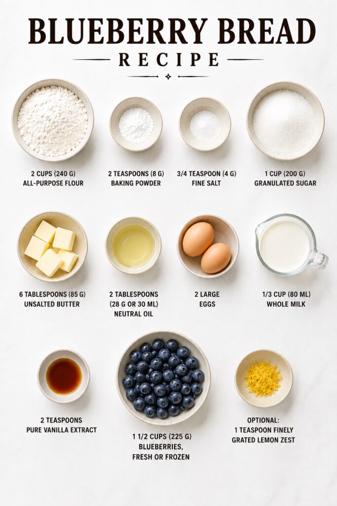 Blueberry bread ingredient chart with US and metric measurements for flour, sugar, butter, oil, eggs, milk, vanilla, blueberries and optional lemon zest.