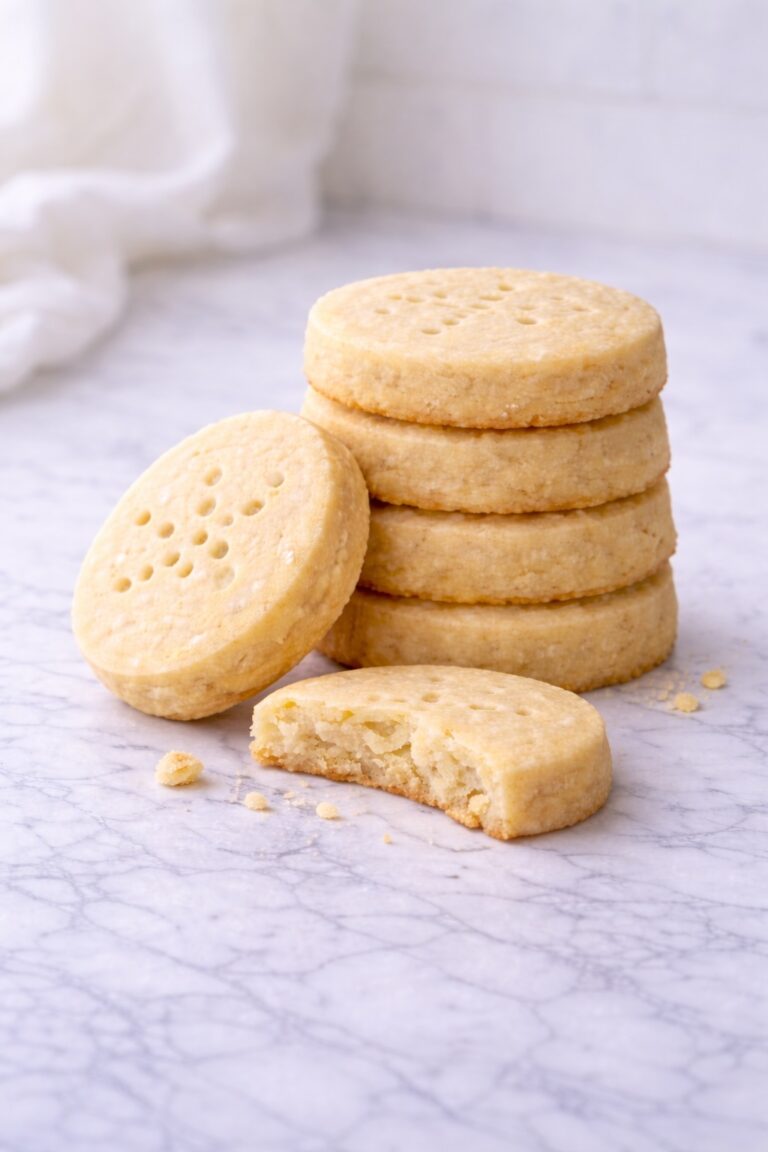 classic buttery shortbread cookies with fork marks stacked on marble countertop