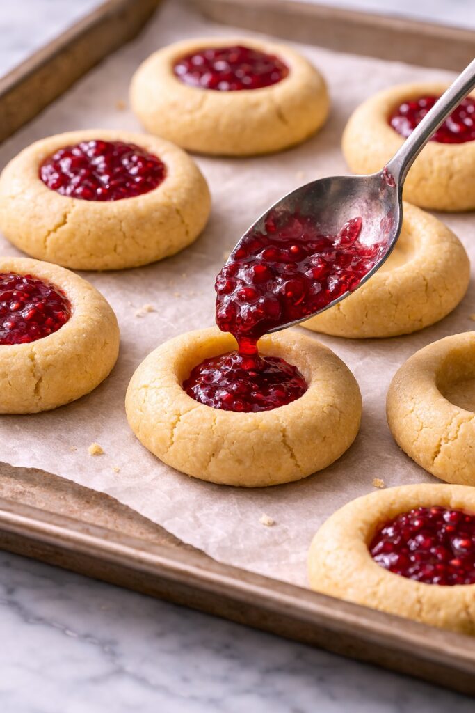 spoon filling raspberry jam into thumbprint cookies on baking tray