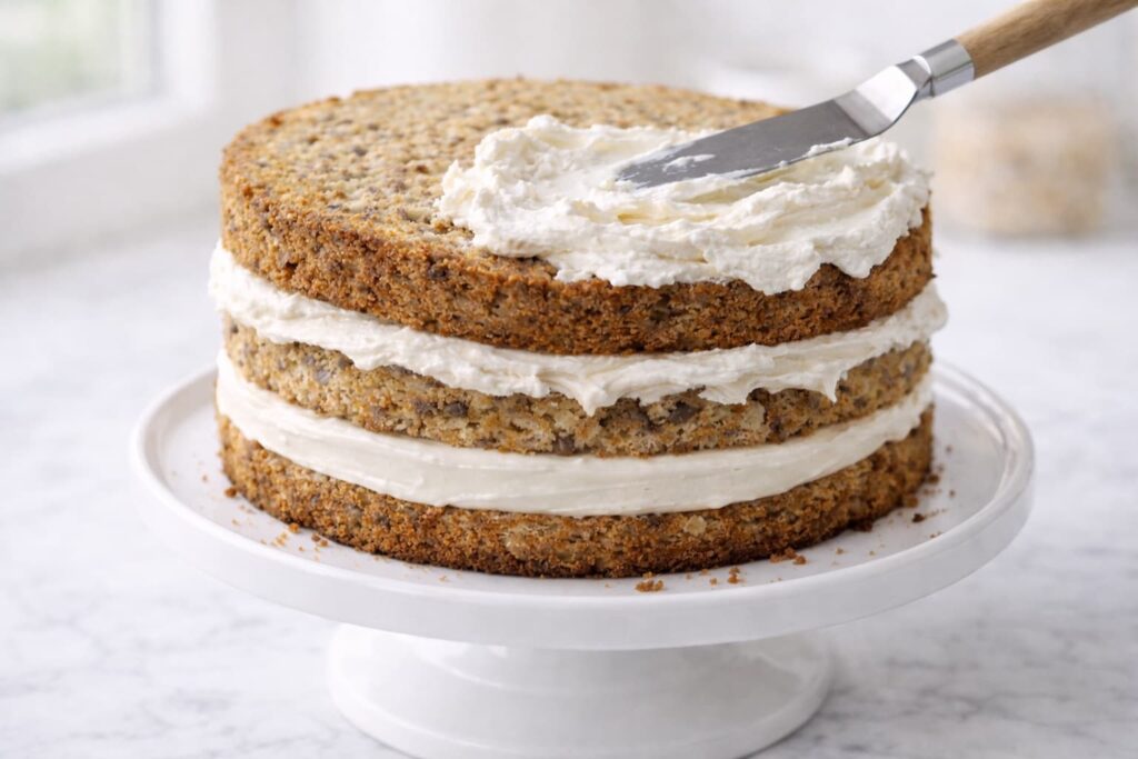 Assembling Hummingbird Cake Layers Layered hummingbird cake with cream cheese and whipped cream filling being spread between layers
