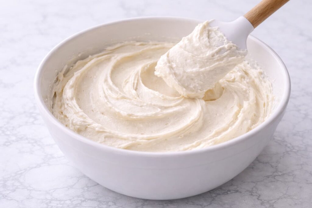 Cream Cheese Frosting for Hummingbird Cake Cream cheese frosting with thick, smooth texture and soft spatula peaks