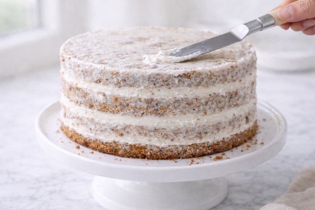 Hummingbird Cake Crumb Coat Step Hummingbird cake with a thin crumb coat showing layers and trapped crumbs