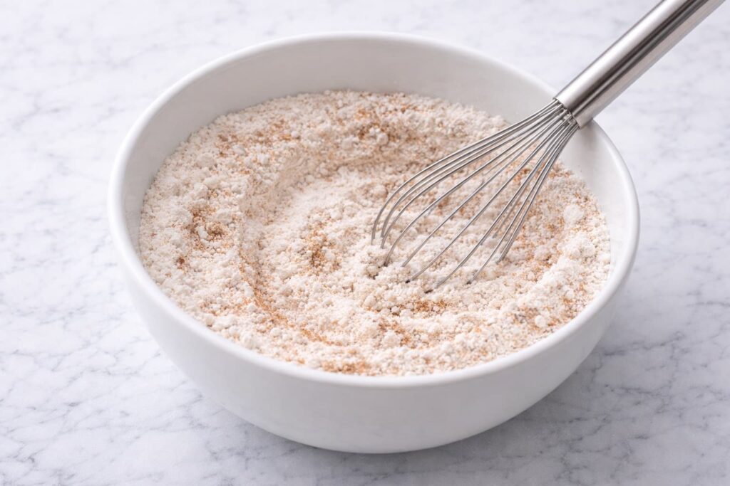 Whisking Dry Ingredients for Hummingbird Cake Whisking dry ingredients for hummingbird cake including flour sugar and cinnamon