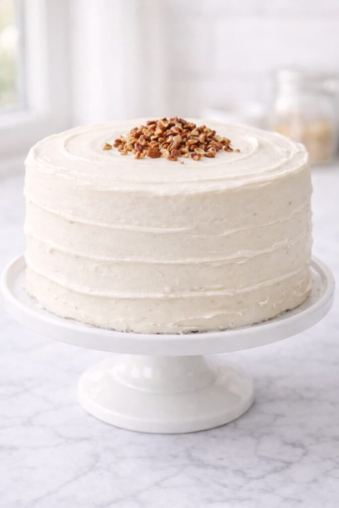Hummingbird Cake with Cream Cheese Frosting Fully frosted hummingbird cake with soft cream cheese frosting and pecans on top