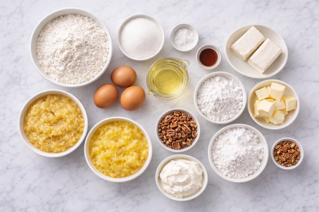 Hummingbird Cake Ingredients – Complete Setup Hummingbird cake ingredients arranged in a flat lay including bananas, pineapple, pecans, flour, eggs, and cream cheese