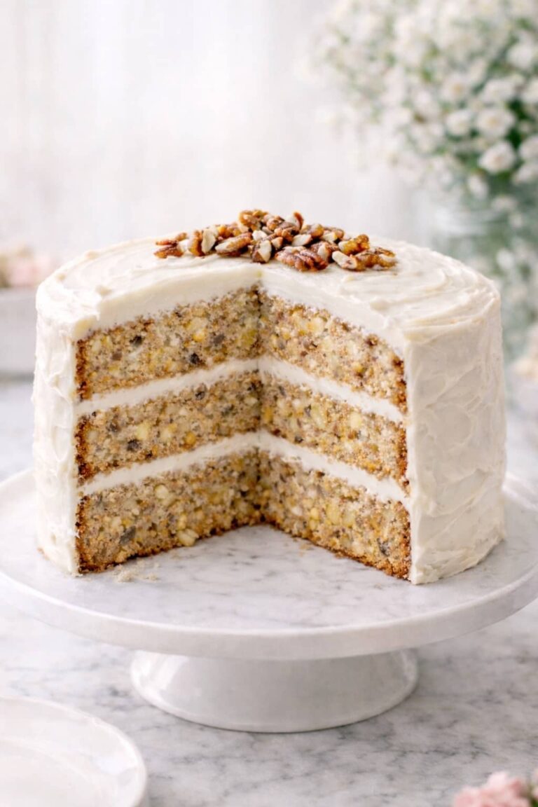 Hummingbird cake with three moist layers, banana pineapple crumb and cream cheese frosting