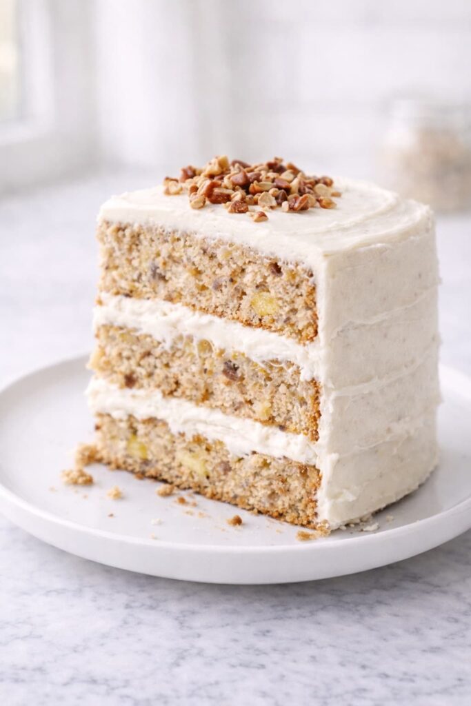 Hummingbird Cake Slice Close Up Close-up slice of hummingbird cake with banana pineapple crumb and cream cheese frosting