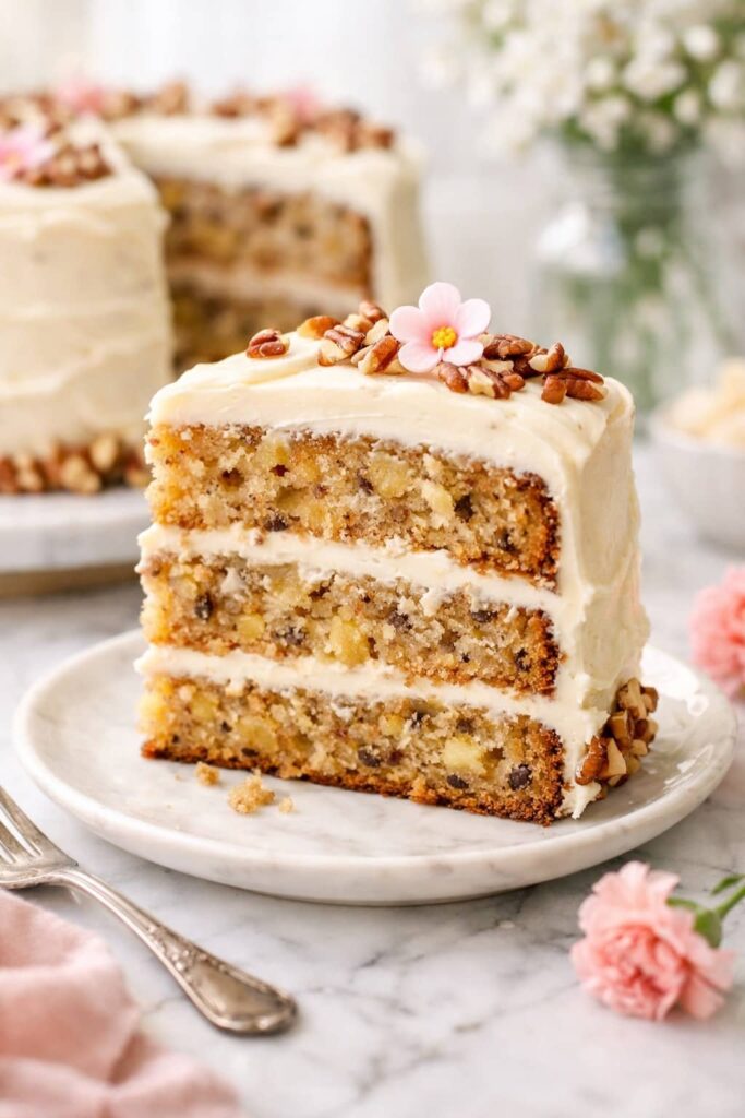 Moist Hummingbird Cake Slice with Cream Cheese Frosting Slice of hummingbird cake showing moist banana pineapple layers and cream cheese frosting