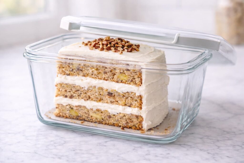 How to Store Hummingbird Cake Hummingbird cake slice stored in a glass container with lid