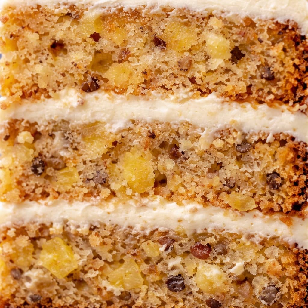 Hummingbird Cake Texture – Moist Banana Pineapple Crumb Close-up of hummingbird cake crumb showing moist texture with banana, pineapple, and pecans