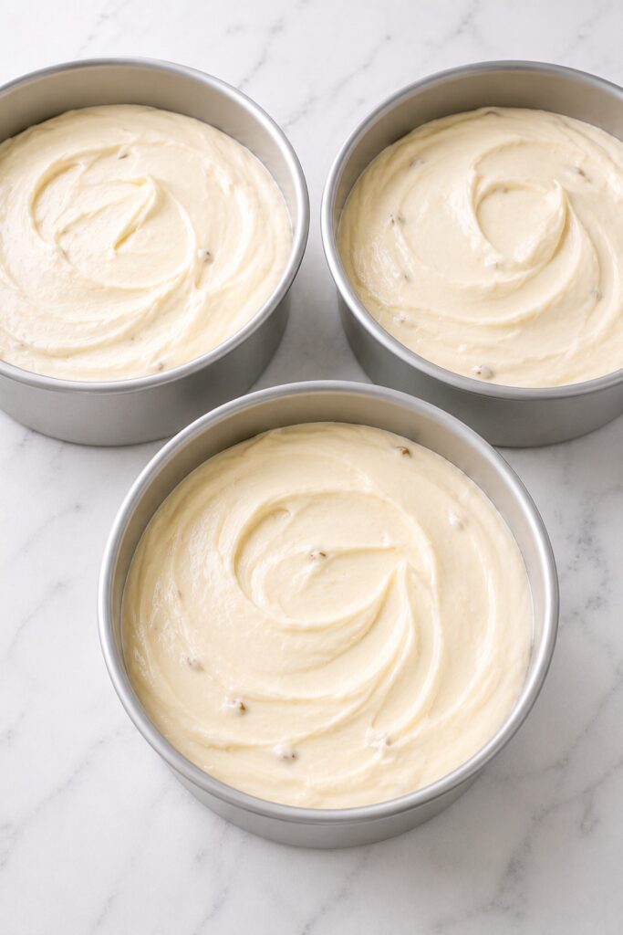 Italian Cream Cake Batter devided into pans