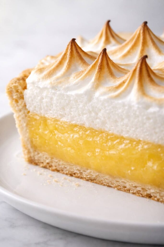 Close up of lemon meringue pie slice showing glossy lemon filling layers and toasted meringue peaks on white marble surface